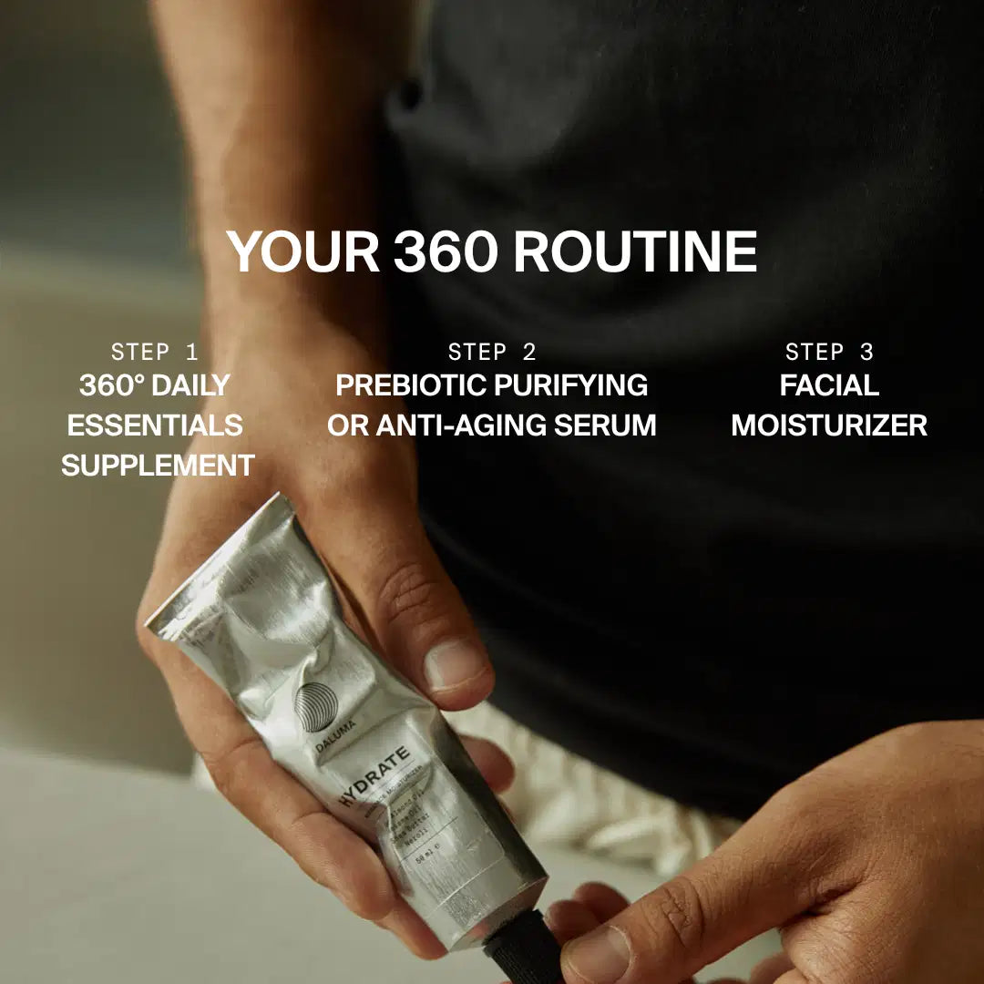 Eine Person hält eine silberne Hautpflegetube. Der Text zeigt: Schritt 1: 360° daily essentials supplement, Schritt 2: Prebiotic purifying or anti-aging serum, Schritt 3: DALUMA FACIAL MOISTURIZER GESICHTSPFLEGE - natürliche Feuchtigkeit für alle Hauttypen.