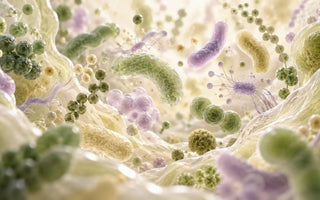 Mikroskopische Nahaufnahme der Darmflora mit grünen, gelben und violetten Bakterien in Stäbchen- und Kugelform zwischen hellen Schleimhautfalten