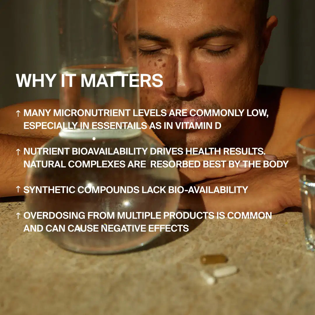 Eine Person sitzt mit geschlossenen Augen hinter einem Glas Wasser und DALUMA 360 DAILY ESSENTIALS SUPPLEMENT an einem Tisch und hebt die Bedeutung von Mikronährstoffen auf pflanzlicher Basis, die Bioverfügbarkeit und die sichere Dosierung hervor.