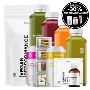BETTER SHAPE SAFTKUR 3 TAGE von DALUMA und andere vegane Nahrungsergänzungsmittel wie Performance Protein und Bio-Kaltgepresste Säfte sind erhältlich - achten Sie auf den runden Aufkleber "Special: -30% auf Zusatzpakete".