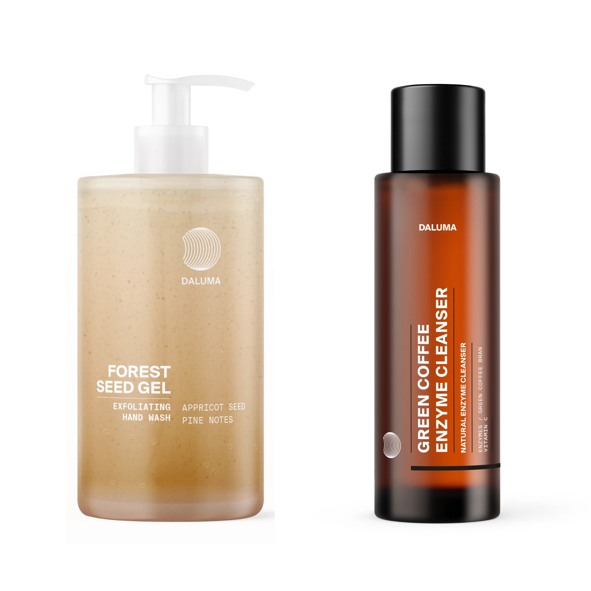Das CLEANSE COUPLE von DALUMA besteht aus Forest Seed Gel für ein sanftes Peeling und Green Coffee Enzyme Cleanser, die beide für verschiedene Hauttypen geeignet sind.