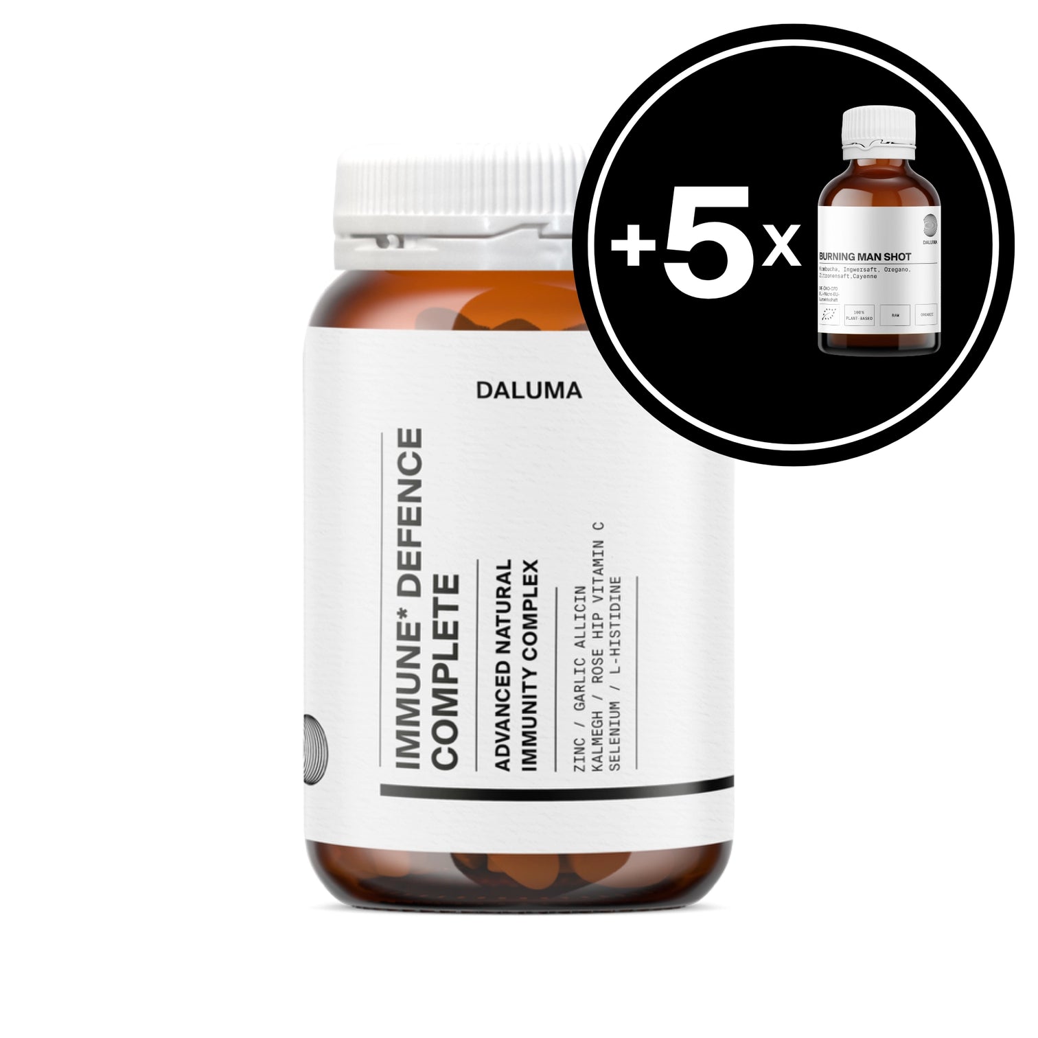 Eine braune Flasche mit der Aufschrift "IMMUN DEFENCE COMPLETE KOMPLEX" von DALUMA mit Kalmeghblattextrakt steht aufrecht. Oben rechts zeigt ein schwarzer Kreis eine kleinere, ähnliche Flasche und "+5x" in weiß, was auf ein Multipack-Bundle-Angebot hinweist.
