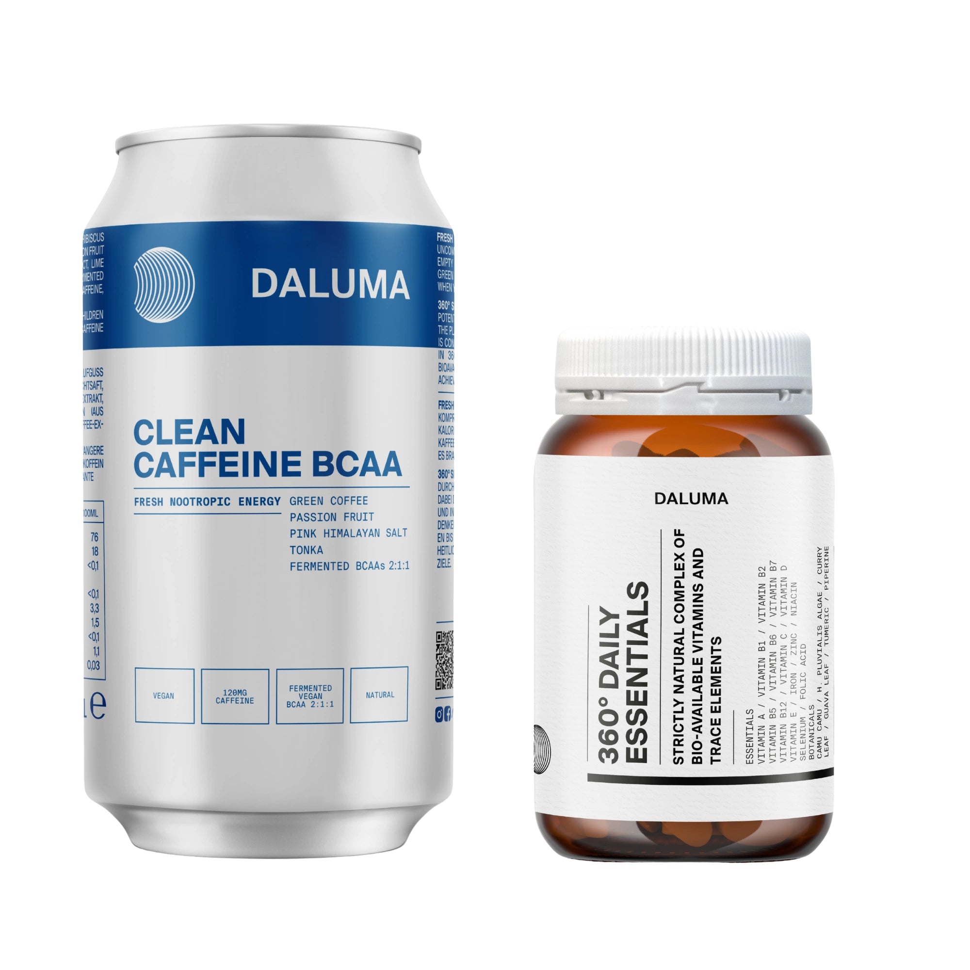 Das ENERGY & BALANCE DUO von DALUMA besteht aus einer silbernen CLEAN CAFFEINE BCAA-Dose und einer braunen 360 Daily Essentials-Flasche, die beide vor einem weißen Hintergrund stehen.