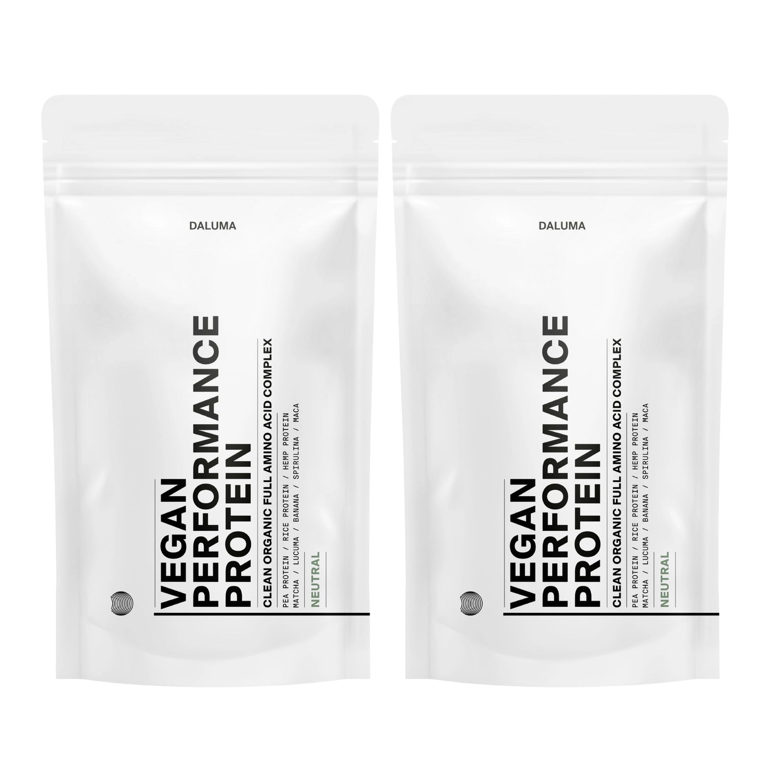 Zwei weiße wiederverschließbare Beutel mit der Aufschrift VEGANES PERFORMANCE PROTEIN NEUTRAL DOUBLE von DALUMA stehen Seite an Seite. Das minimalistische Design weist einen fetten schwarzen Text auf und unterstreicht diese pflanzliche Proteinquelle für den Muskelaufbau mit einem kleinen Neutral-Geschmacksetikett.