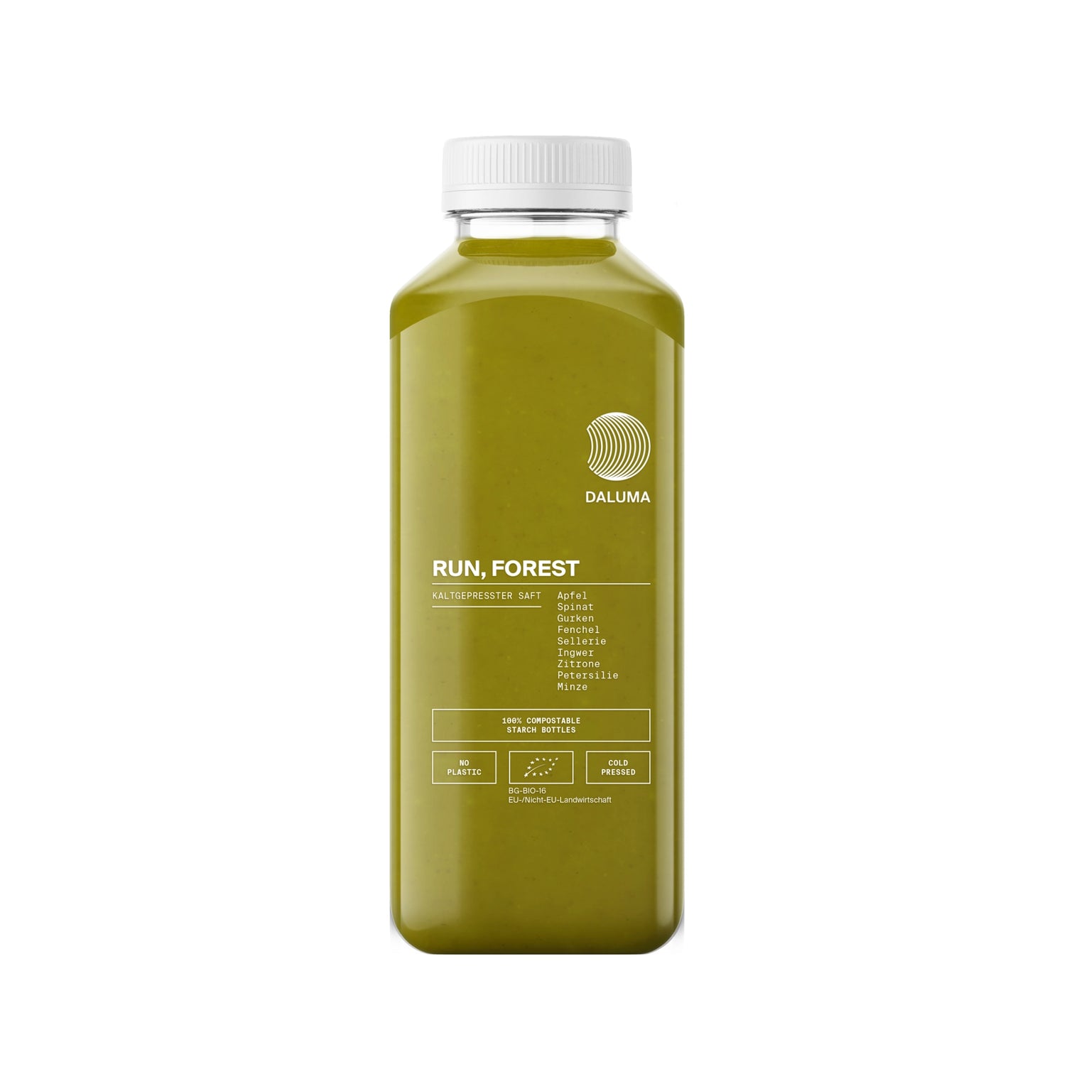 Eine klare Kunststoffflasche mit weißem Verschluss enthält DALUMA RUN, FOREST GREEN JUICE. Die Vorderseite zeigt minimalistischen weißen Text mit Zutaten und hebt das Kaltpressverfahren für maximale Frische hervor.