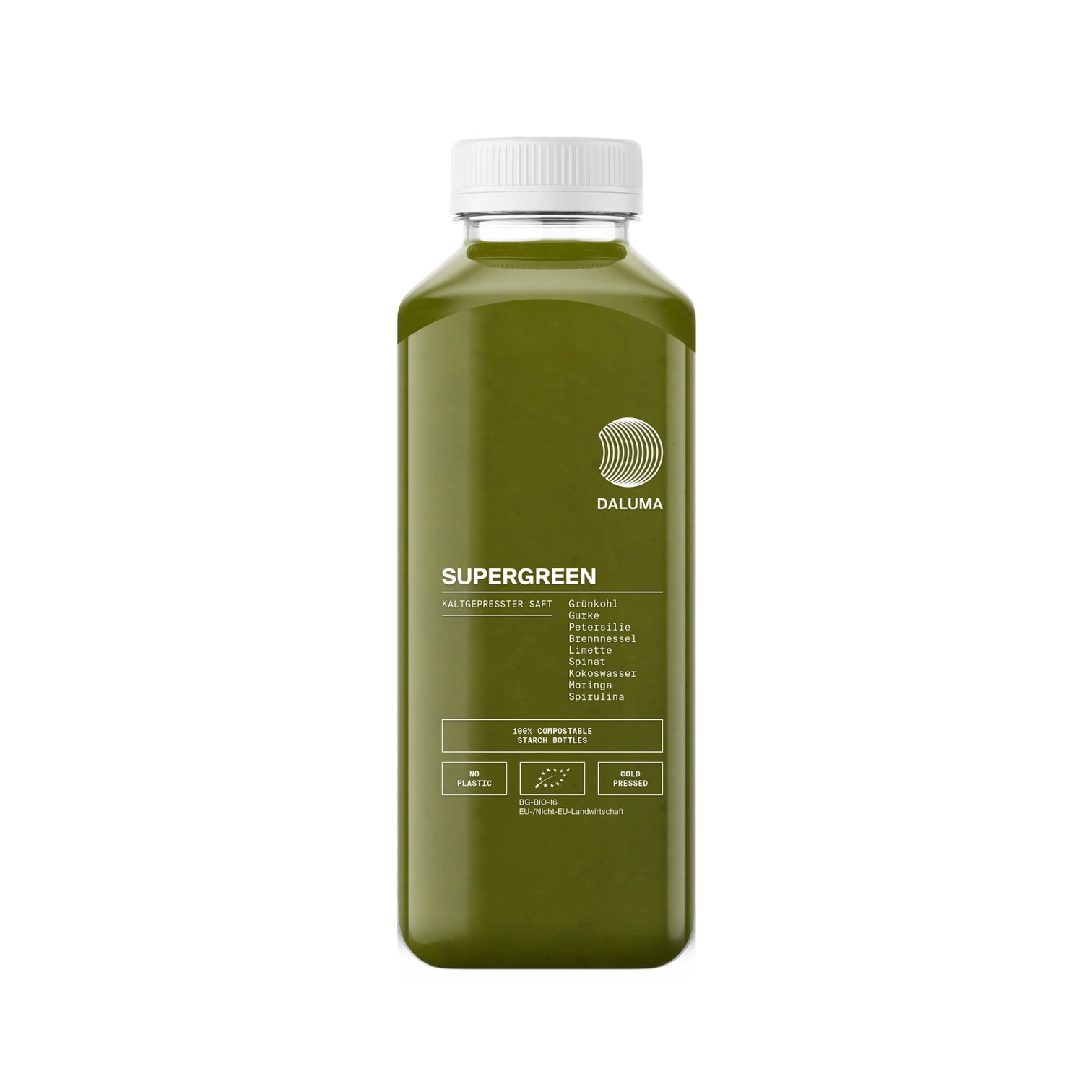 Eine durchsichtige Plastikflasche mit weißem Deckel enthält DALUMA SUPERGREEN GREEN JUICE. Zutaten und Nährwertangaben für diesen kaltgepressten Saft sind in weißer Schrift auf der Vorderseite der Flasche aufgedruckt.