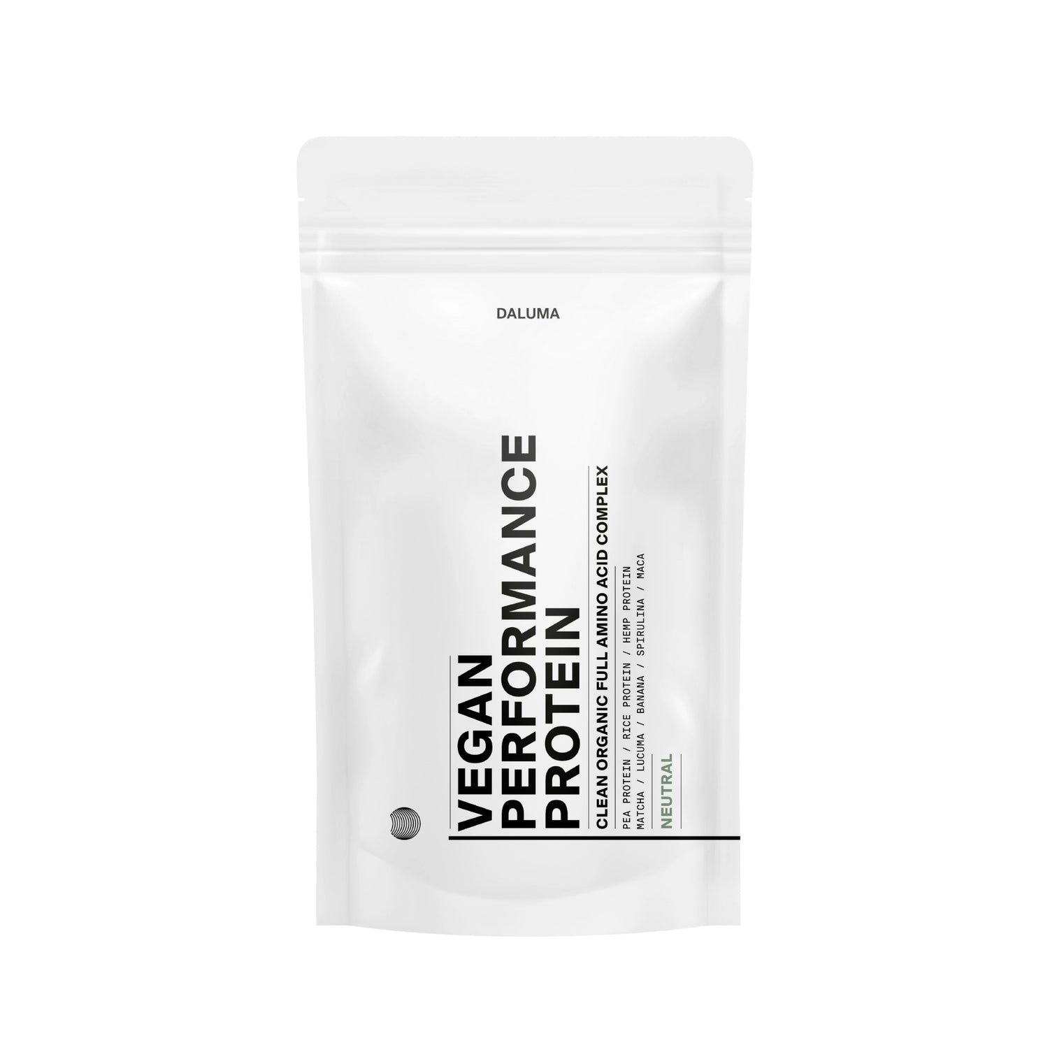 Ein weißer, wiederverschließbarer Beutel mit der Aufschrift DALUMA VEGANES PERFORMANCE PROTEIN NEUTRAL und grünem und schwarzem Text. Dieses vegane Protein enthält biologische Zutaten, einen vollständigen Aminosäurekomplex und einen neutralen Geschmack.