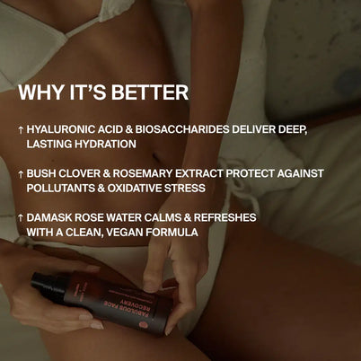 Eine Frau in weißen Dessous hält eine Flasche DALUMA FACE RECOVERY MIST GESICHTSSPRAY. Der überlagerte Text hebt die tiefe Feuchtigkeitszufuhr, den Schutz der Haut vor Schadstoffen und die beruhigende vegane Formel mit Hyaluronsäure, Buschklee, Rosmarin und Rosenwasser hervor.