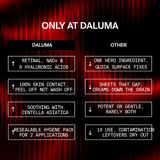 Vergleichstabelle für die DALUMA LONGEVITY SKIN GLOW MASKE 5ER-PACKUNG, in der Vorteile wie verschiedene Hyaluronsäuren, vollständiger Hautkontakt und wiederverschließbare Verpackung im Vergleich zu anderen Produkten hervorgehoben werden.