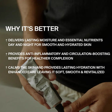 Eine Person hält eine Tube der DALUMA HYDRATING ESSENTIALS Creme. Der Text hebt die Vorteile hervor: anhaltende Feuchtigkeit, entzündungshemmende Wirkung und lang anhaltende Hydratation für eine glatte, gesunde Haut.