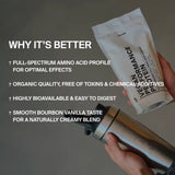 Eine Person hält einen Beutel mit DALUMA VEGANES PERFORMANCE PROTEIN NEUTRAL DOUBLE und einen Shaker. Der Text hebt die Aminosäuren des gesamten Spektrums, die Bioqualität, die hohe Bioverfügbarkeit und den neutralen Geschmack für maximale Muskelleistung hervor.