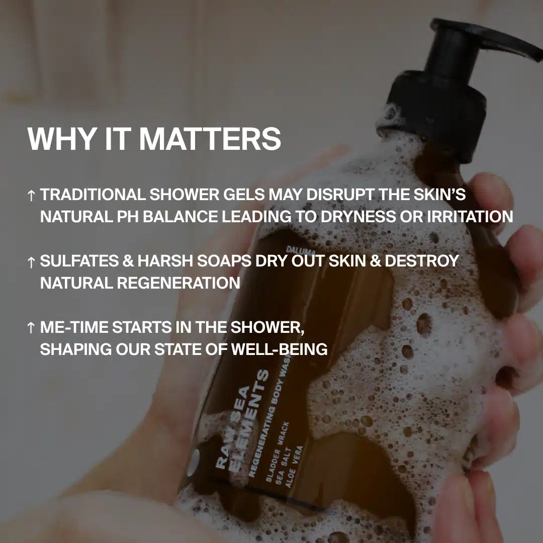 Eine Hand hält eine schaumige braune Pumpflasche und hebt die Vorteile von sanften Duschprodukten wie DALUMA RAW SEA ELEMENTS SHOWER GEL für die Gesundheit der Haut und das allgemeine Wohlbefinden hervor.