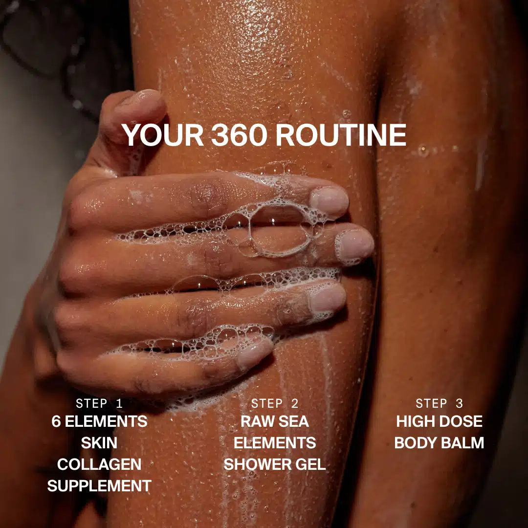 Eine Nahaufnahme des eingeseiften Arms einer Person beim Waschen, mit Text: IHRE 360°-ROUTINE. Schritte: 1. 6 Elements Skin Collagen Supplement, 2. DALUMA RAW SEA ELEMENTS SHOWER GEL, 3. High Dose Body Balm.