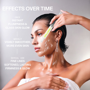 Eine Frau trägt das Retinal-Serum DALUMA LONGEVITY SKIN GLOW MASKE 5 PACK mit einem spritzenförmigen Applikator auf ihre Wange auf, während ein eingeblendeter Text die Vorteile eines strahlenden Glass Skin-Teints im Laufe der Zeit hervorhebt.