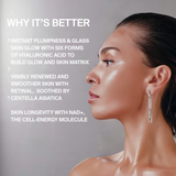 Profilansicht einer Person mit strahlender Glass Skin, daneben ein Text, der die Vorteile der DALUMA LONGEVITY SKIN GLOW MASKE 5ER-PACKUNG beschreibt, darunter Hyaluronsäure, Retinal, Centella asiatica und NAD+.