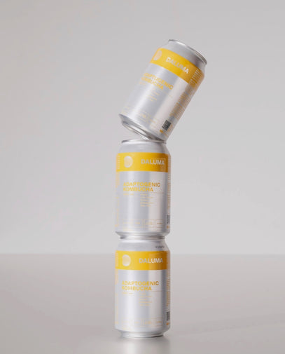 Drei Dosen Daluma Adaptogenic Kombucha mit gelben und weißen Etiketten sind vertikal gestapelt, zwei unten und eine diagonal oben, vor einem schlichten hellen Hintergrund.