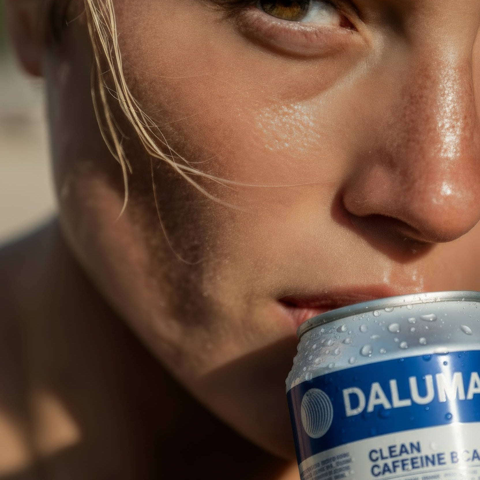 Nahaufnahme einer hellhaarigen, hellhäutigen Person, die eine Dose DALUMA CLEAN BCAA ENERGY DRINK 24 PACK an die Lippen hält, wobei das Sonnenlicht ihr Gesicht hervorhebt, während Kondenswasser auf der Dose glitzert.