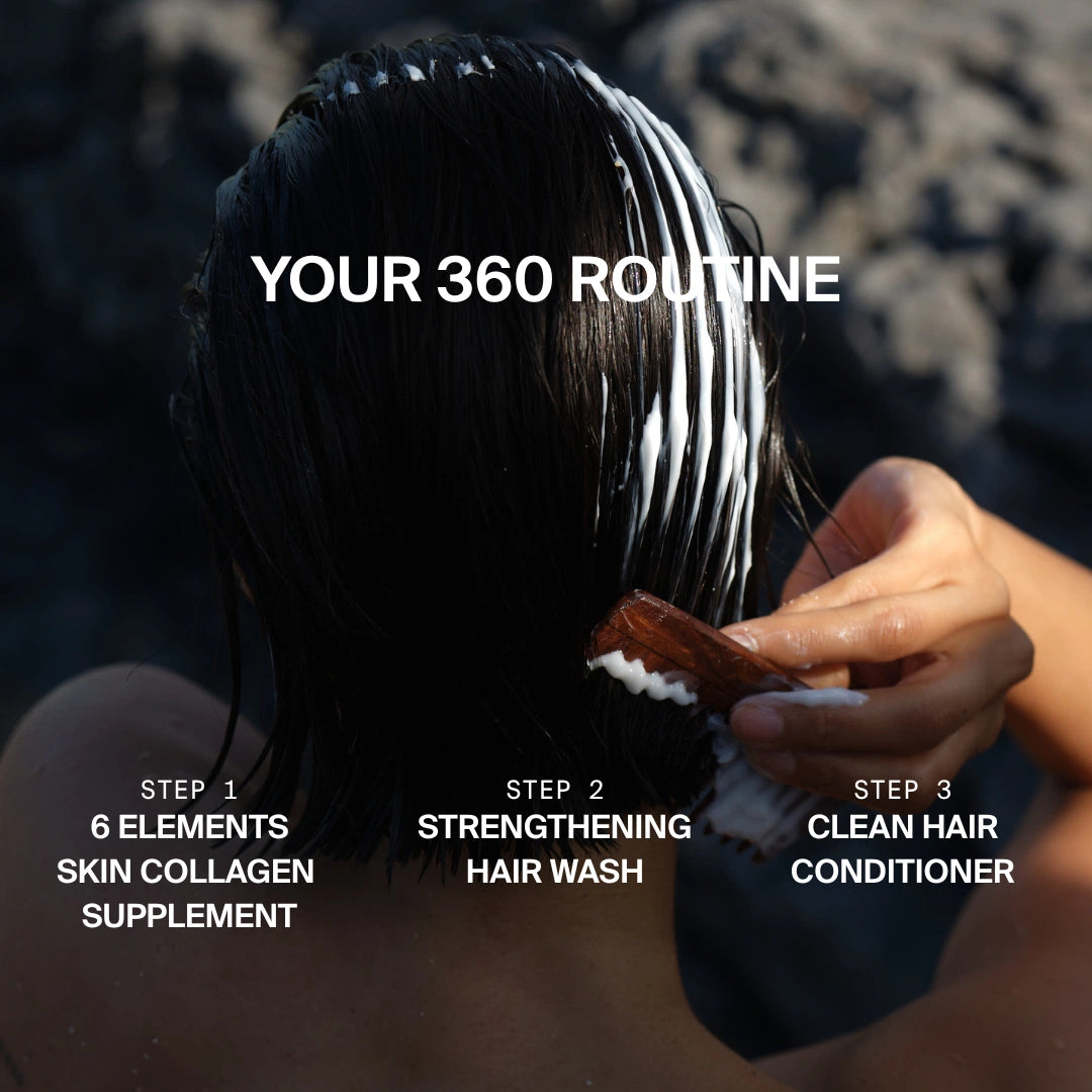 Eine Person mit nassem, dunklem Haar trägt DALUMA CLEAN CONDITIONER auf und hält dabei einen Kamm. Der eingeblendete Text zeigt eine dreistufige Routine: Kollagenergänzung, stärkende Haarwäsche und DALUMA CLEAN CONDITIONER.