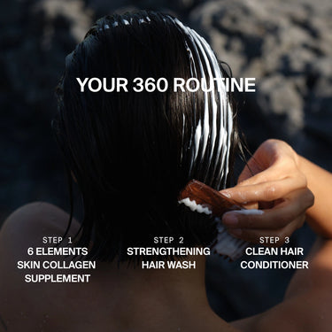 Eine Person mit nassem, dunklem Haar kämmt DALUMA CLEAN HAIR CONDITIONER durch ihr Haar, um trockenem Haar Feuchtigkeit zu spenden. Der Text über dem Bild lautet: Ihre 360-Routine - Schritte für Kollagenergänzung, stärkende Haarwäsche und Haarspülung.