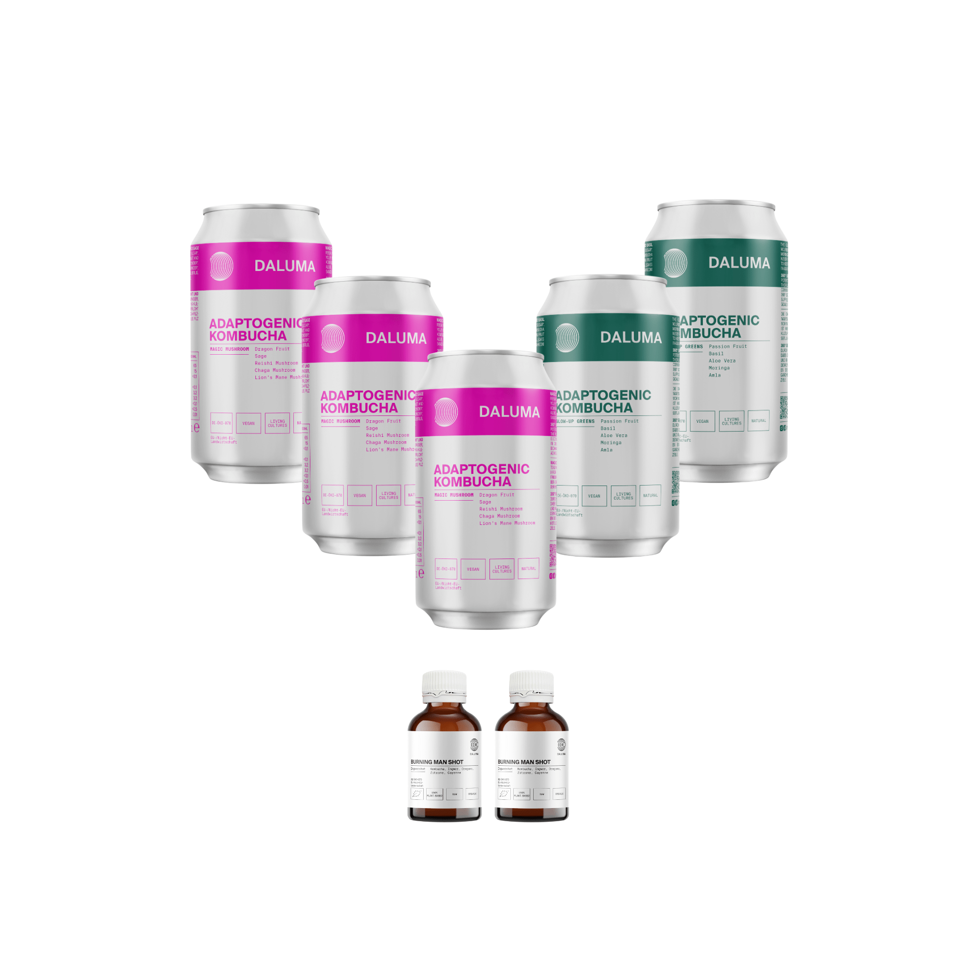 Fünf DALUMA DAILY KOMBUCHA BOOSTER PACKAGE Dosen in Pink und Grün stehen V-förmig über drei kleinen braunen Flaschen und präsentieren Getränke mit probiotischen Kulturen zur Unterstützung Ihrer Darmflora.