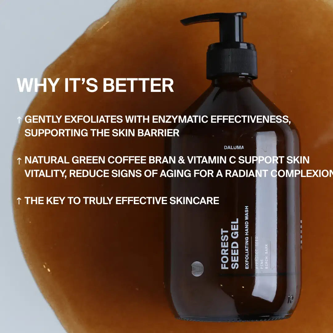 Eine braune Flasche DALUMA FOREST SEED GEL HAND WASH mit einer Pumpe steht auf einer braunen, runden Fläche, während ein weißer Text daneben die Peeling-, Anti-Aging- und hautpflegenden Eigenschaften der natürlichen Inhaltsstoffe hervorhebt.