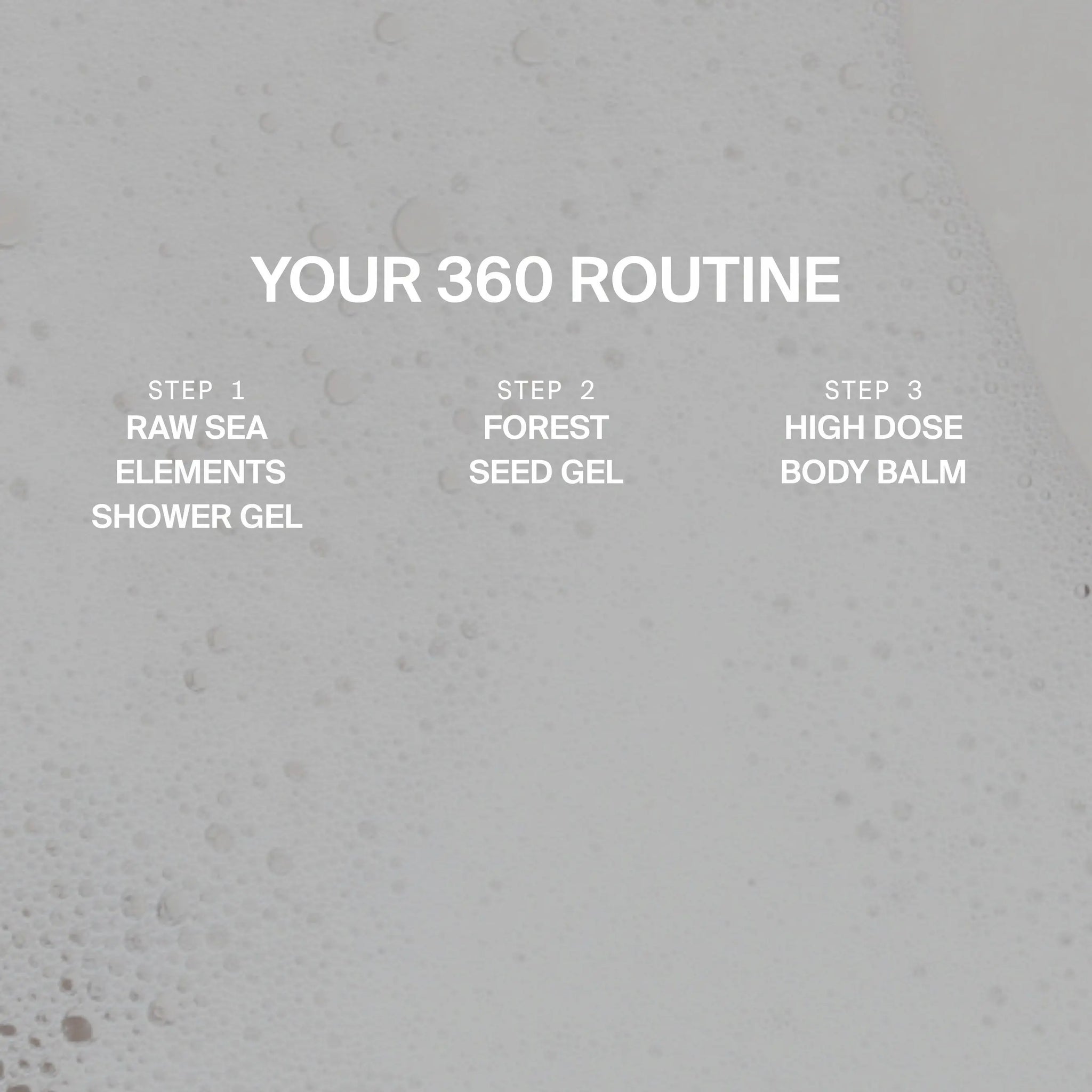 Weißer, sprudelnder Schaumstoff-Hintergrund mit Text: DEINE 360 ROUTINE. Unten, drei Schritte: 1. Raw Sea Elements Duschgel, 2. DALUMA FOREST SEED GEL PEELING HANDSEIFE mit Aprikosenkernen, 3. High Dose Body Balm & vegane Handseife.