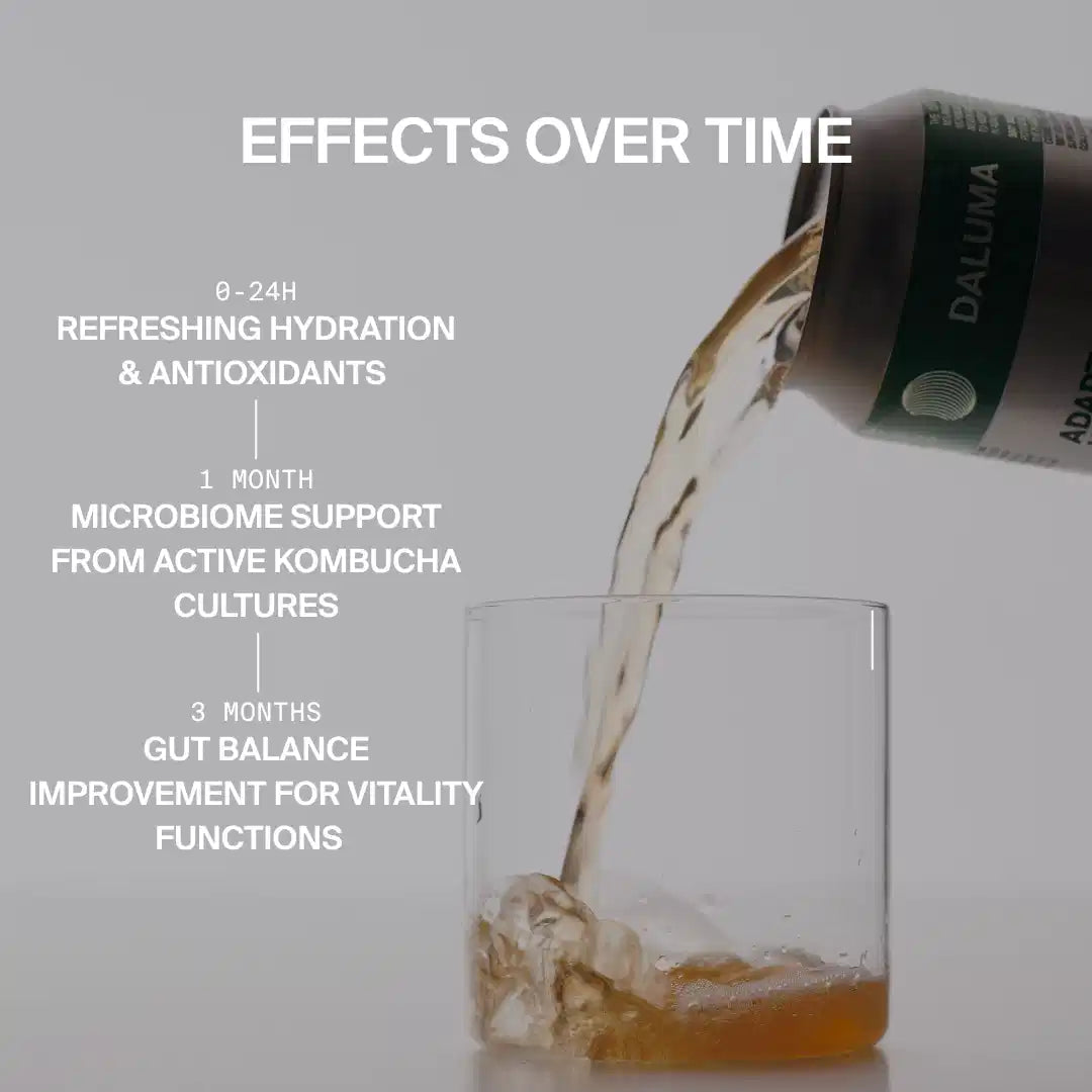 Eine Dose DALUMA GLOW UP GREENS MARACUJA KOMBUCHA wird in ein Glas gegossen. Der Text hebt die Flüssigkeitszufuhr und die Antioxidantien (0-24h), die probiotischen Kulturen für die Darmgesundheit (1 Monat) und das verbesserte Darmgleichgewicht (3 Monate) hervor.
