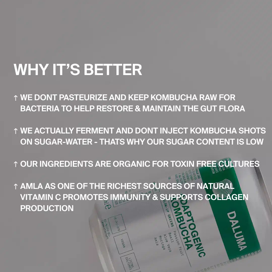 Der Text auf grauem Hintergrund erklärt, warum DALUMA GLOW UP GREENS MARACUJA KOMBUCHA so besonders ist: Er ist nicht pasteurisiert, enthält wenig Zucker, wird aus biologischen Zutaten hergestellt und enthält Amla für Vitamin C, Immunität, Darmgesundheit und Kollagen. Eine Kombucha-Flasche ist teilweise sichtbar.