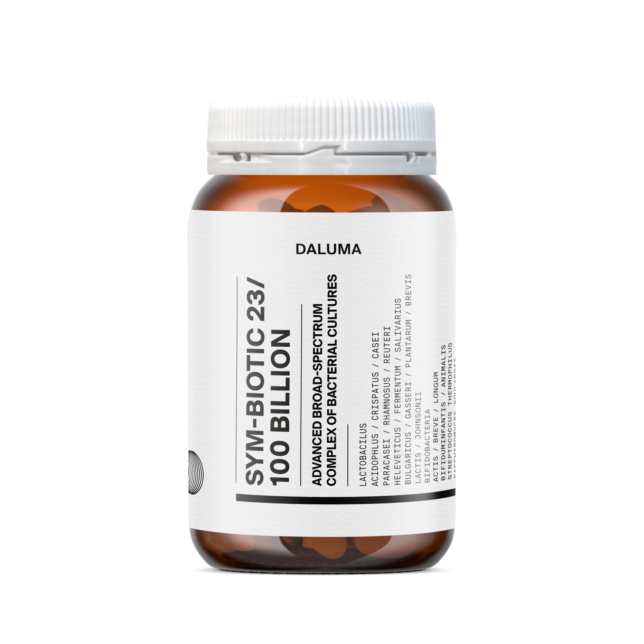 Eine braune Flasche mit der Aufschrift DALUMA SYM-BIOTIC 23/100 BILLION DARMBAKTERIEN, die probiotische Kapseln mit einem Breitspektrumkomplex aus lebenden Bakterienkulturen enthält, mit weißem Verschluss und Etikett.