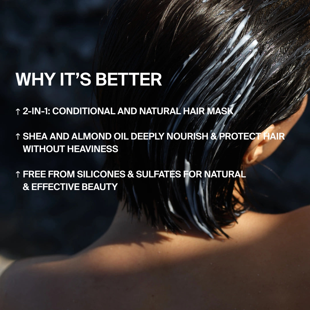 Einer Person mit nassem, dunklem Haar wird weiße Creme aufgetragen. Der Text hebt die 2-in-1-Anwendung von DALUMA CLEAN CONDITIONER hervor, die nährende Sheabutter, den Haarglanz-Effekt und dass es frei von Silikonen und Sulfaten ist.
